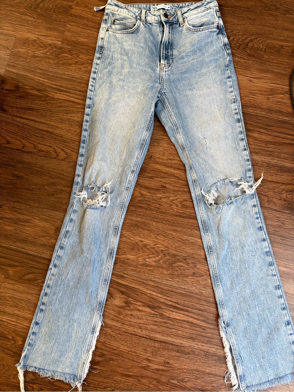 Zara Light Blue Ripped Straight Leg Jeans